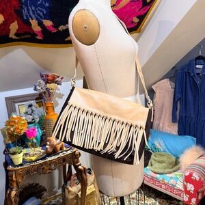 Blumarine Y2K Brown Canvas Tan Leather Fringe Shoulder Bag Made in Italy Boho